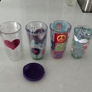 Lot 4 Tervis Colorful Tumblers 1 Lid Monkey, Heart,Peace & Butterfly 16oz & 10oz